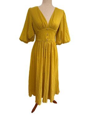 SHEIN Mustard Yellow Midi Dress XS Smocked Waist Puff Sleeve Button Front Boho